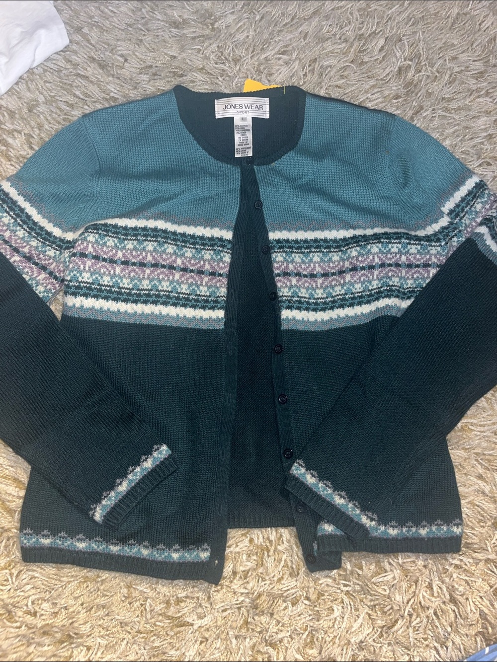 Jones Wear Teal & Dark Green Fair Isle Button Cardigan